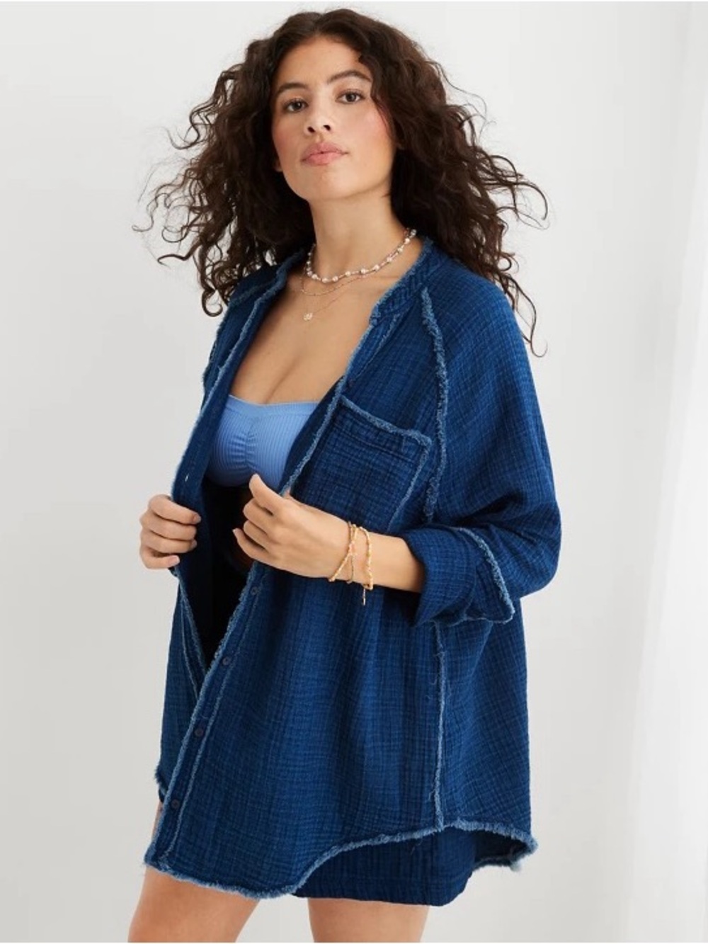 Aerie Oversized Gauzy Cover Up Button Down Shirt Women Size L